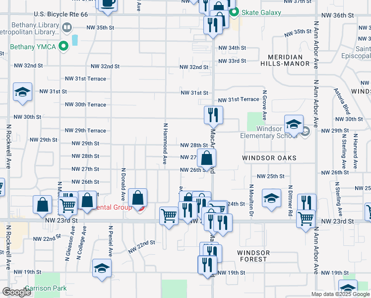 map of restaurants, bars, coffee shops, grocery stores, and more near 5941 Northwest 28th Street in Oklahoma City