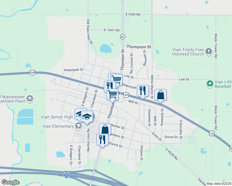 map of restaurants, bars, coffee shops, grocery stores, and more near South Thornton Street in Vian