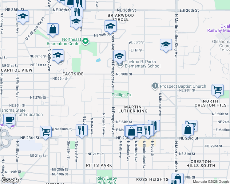 map of restaurants, bars, coffee shops, grocery stores, and more near 1505 Northeast 28th Street in Oklahoma City
