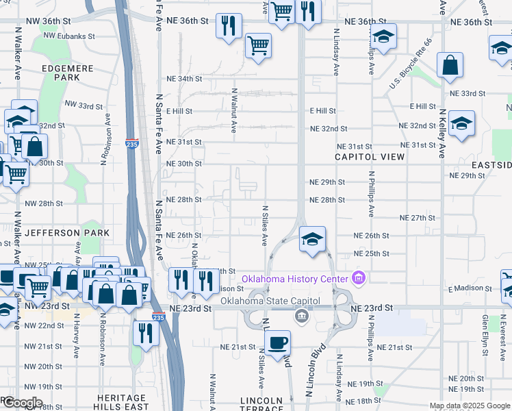 map of restaurants, bars, coffee shops, grocery stores, and more near 312 Northeast 28th Street in Oklahoma City