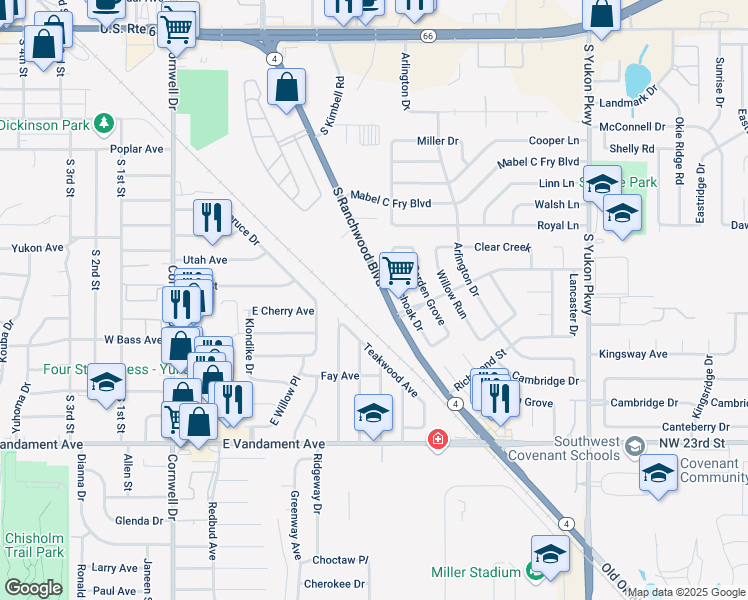 map of restaurants, bars, coffee shops, grocery stores, and more near 760 South Ranchwood Boulevard in Yukon