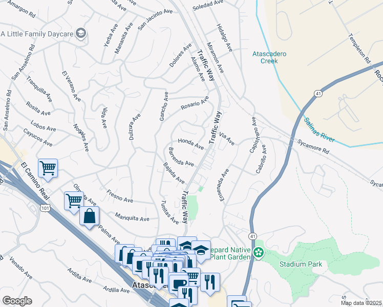 map of restaurants, bars, coffee shops, grocery stores, and more near 5319 Honda Avenue in Atascadero