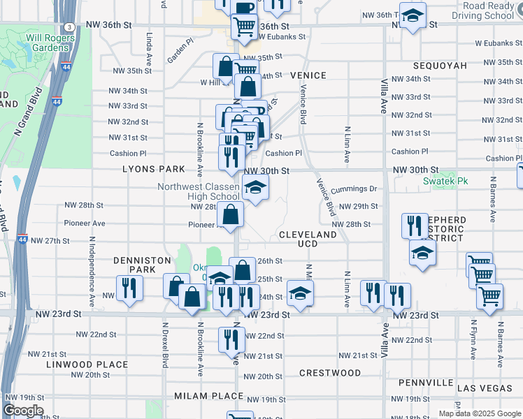 map of restaurants, bars, coffee shops, grocery stores, and more near 2801 Northwest 27th Street in Oklahoma City