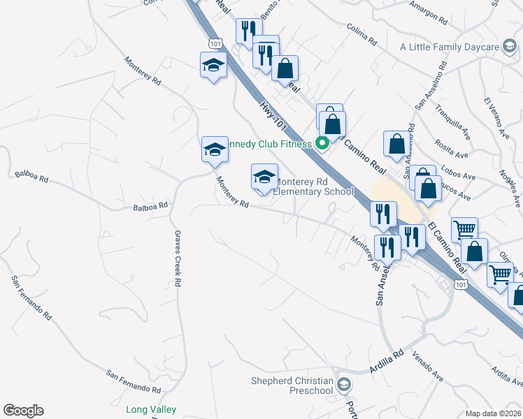 map of restaurants, bars, coffee shops, grocery stores, and more near 3355 Monterey Road in Atascadero