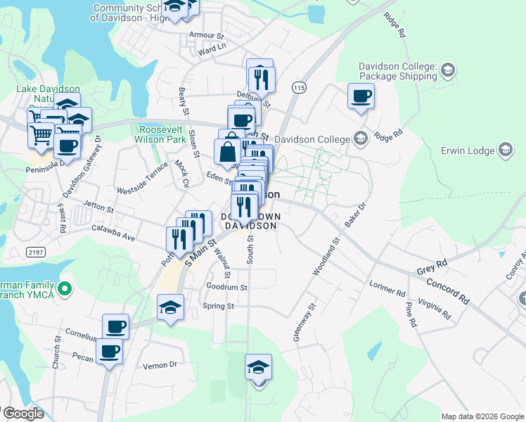 map of restaurants, bars, coffee shops, grocery stores, and more near 119 South Main Street in Davidson