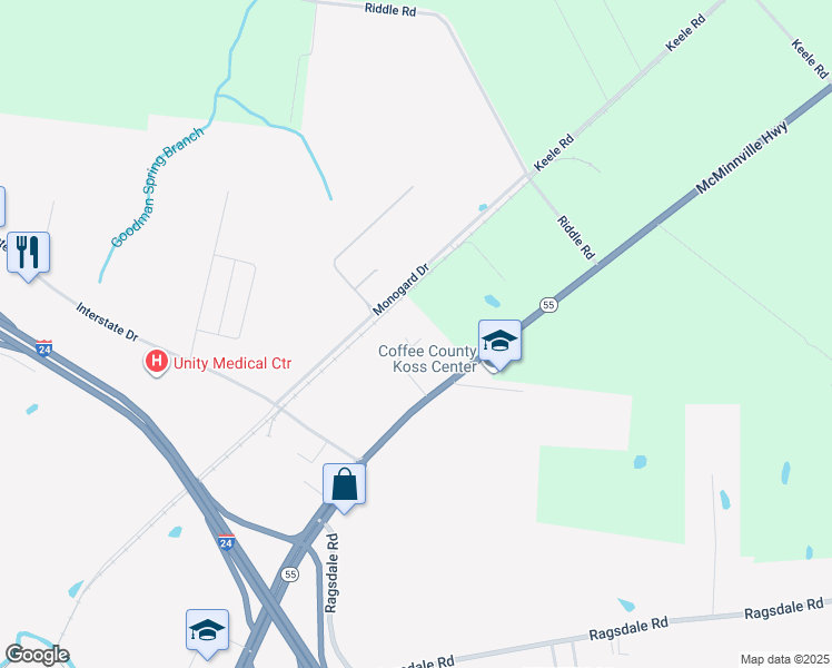 map of restaurants, bars, coffee shops, grocery stores, and more near 1621 McMinnville Highway in Manchester