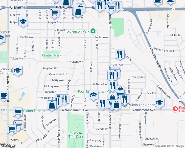 map of restaurants, bars, coffee shops, grocery stores, and more near 905 South 2nd Street in Yukon