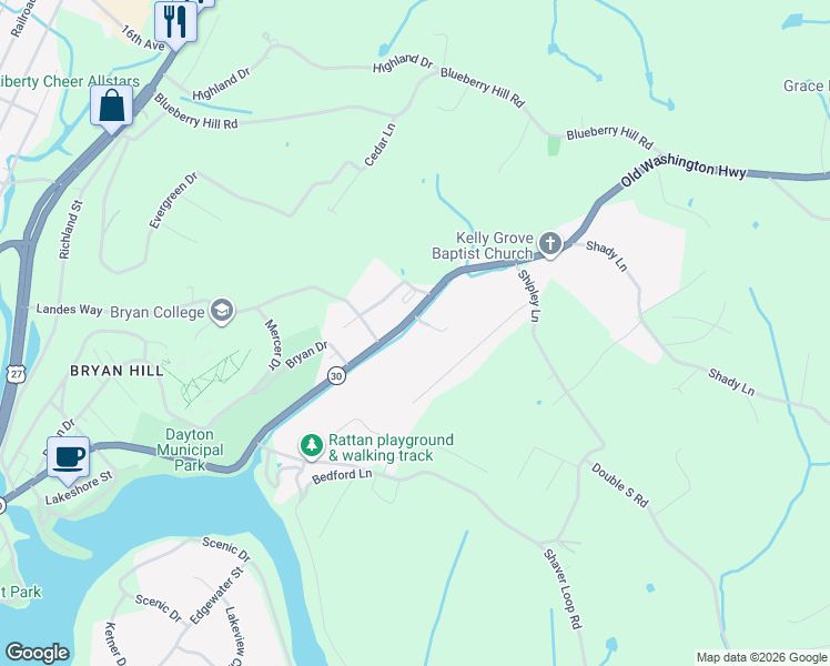 map of restaurants, bars, coffee shops, grocery stores, and more near 1520 Old Washington Hwy in Dayton