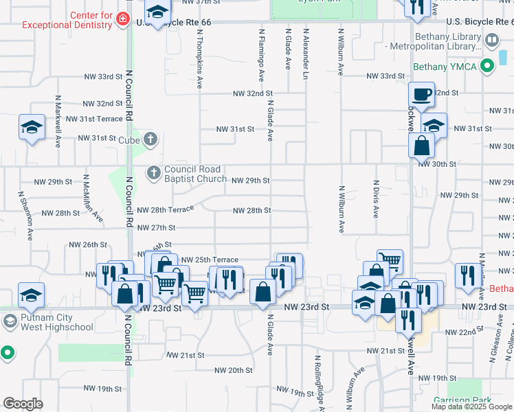map of restaurants, bars, coffee shops, grocery stores, and more near 7513 Northwest 28th Street in Bethany