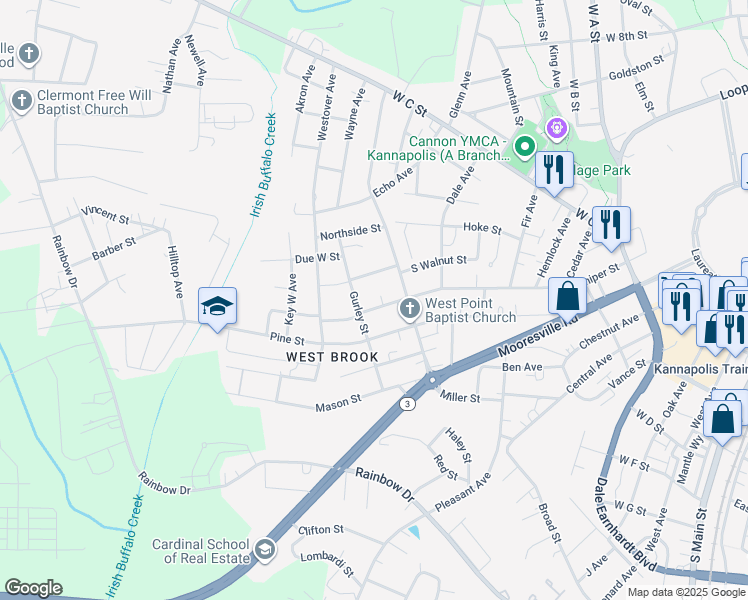 map of restaurants, bars, coffee shops, grocery stores, and more near 1109 South Walnut Street in Kannapolis