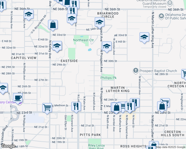map of restaurants, bars, coffee shops, grocery stores, and more near 1426 North Court in Oklahoma City