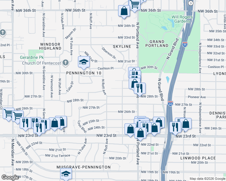 map of restaurants, bars, coffee shops, grocery stores, and more near 3829 Northwest 29th Street in Oklahoma City