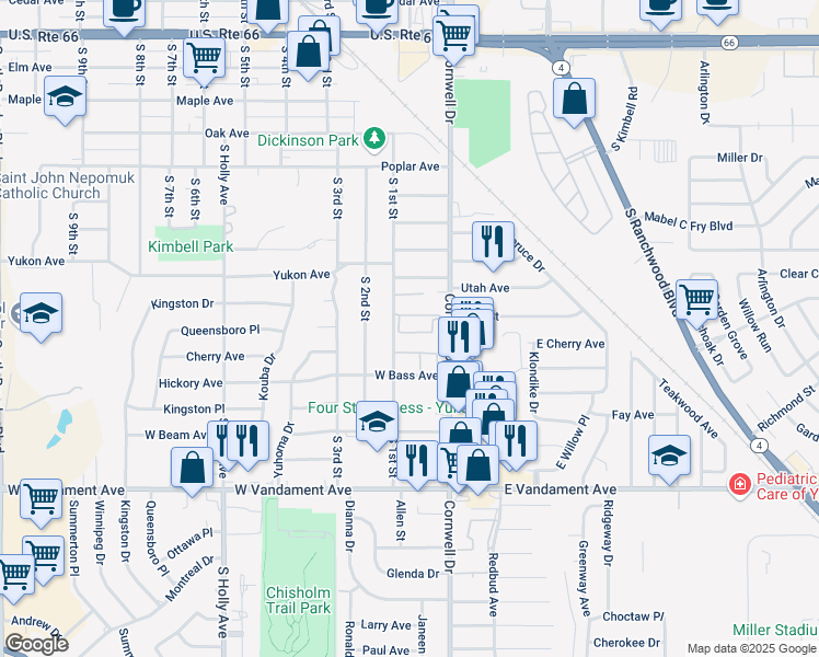 map of restaurants, bars, coffee shops, grocery stores, and more near 617 South 1st Street in Yukon