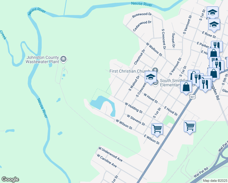 map of restaurants, bars, coffee shops, grocery stores, and more near 1214 Chestnut Drive in Smithfield