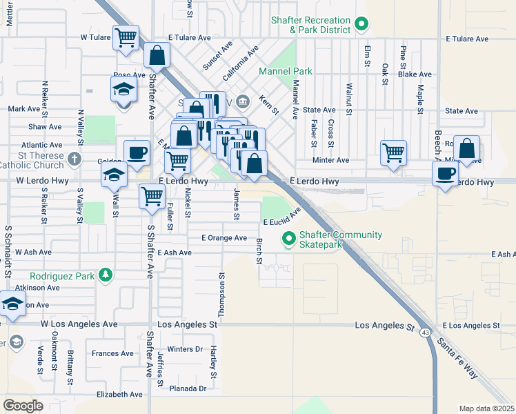 map of restaurants, bars, coffee shops, grocery stores, and more near 349 East Marengo Avenue in Shafter