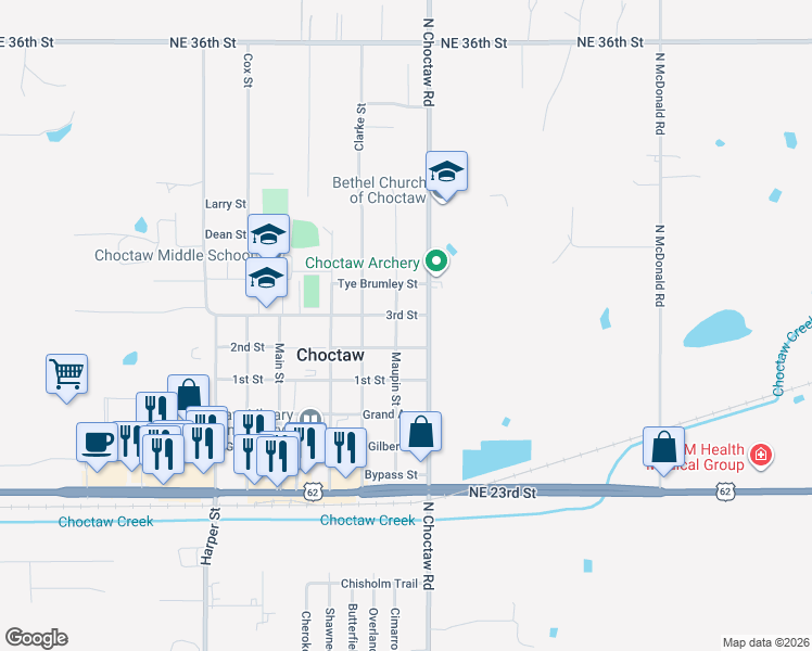 map of restaurants, bars, coffee shops, grocery stores, and more near 14955 3rd Street in Choctaw