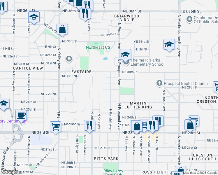 map of restaurants, bars, coffee shops, grocery stores, and more near 1426 North Court in Oklahoma City