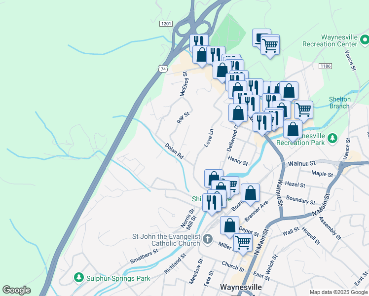 map of restaurants, bars, coffee shops, grocery stores, and more near 25 Sonora Lane in Waynesville