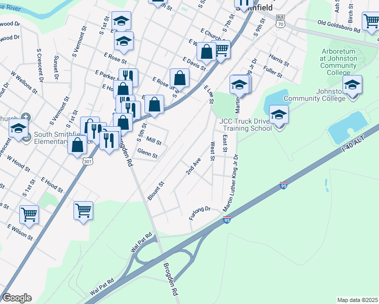 map of restaurants, bars, coffee shops, grocery stores, and more near 811 Blount Street in Smithfield