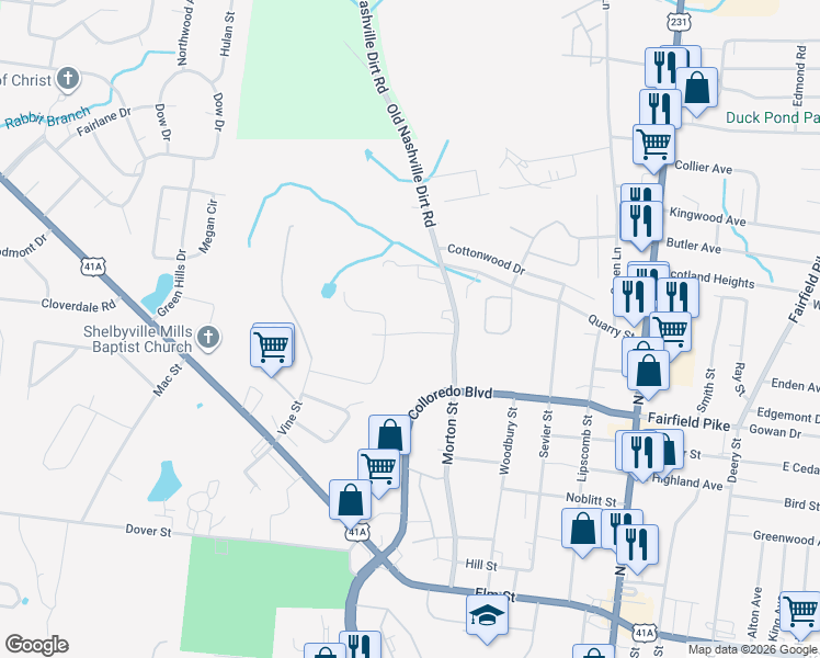 map of restaurants, bars, coffee shops, grocery stores, and more near 1047 Morton Street in Shelbyville