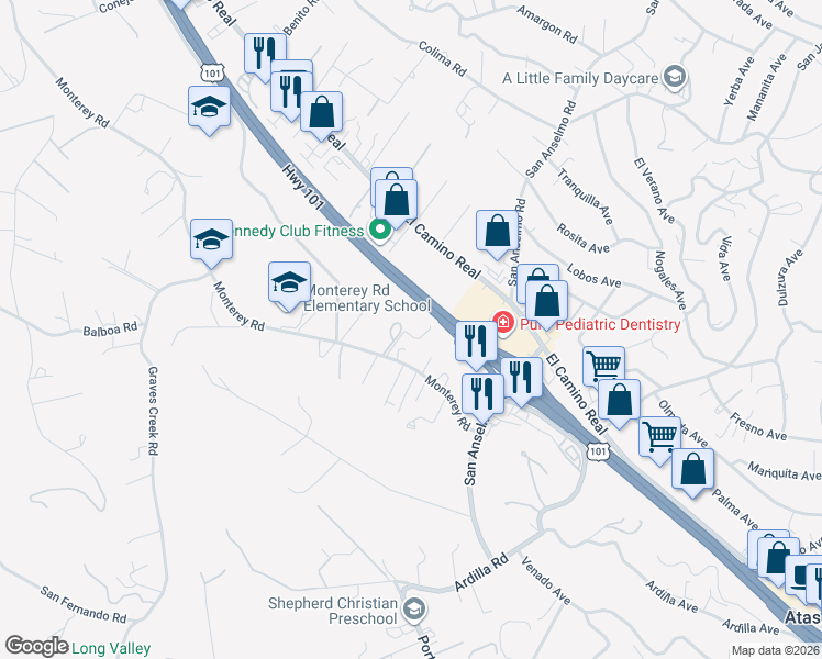 map of restaurants, bars, coffee shops, grocery stores, and more near 3735 Monterey Road in Atascadero