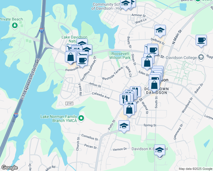 map of restaurants, bars, coffee shops, grocery stores, and more near 105 Mallard Court in Davidson
