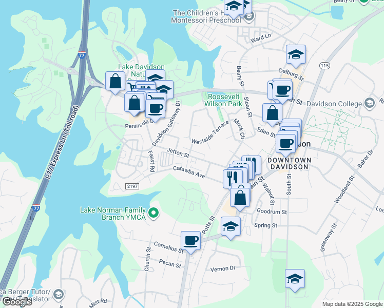map of restaurants, bars, coffee shops, grocery stores, and more near 187 Park View Street in Davidson