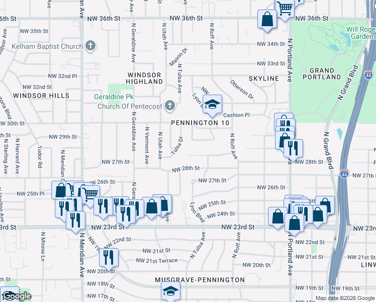 map of restaurants, bars, coffee shops, grocery stores, and more near 4062 Northwest 30th Terrace in Oklahoma City