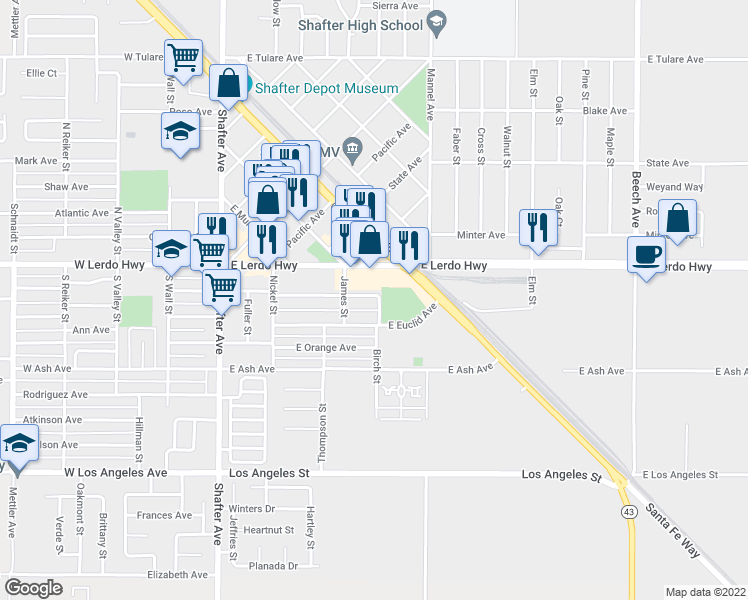 map of restaurants, bars, coffee shops, grocery stores, and more near 347 East Marengo Avenue in Shafter