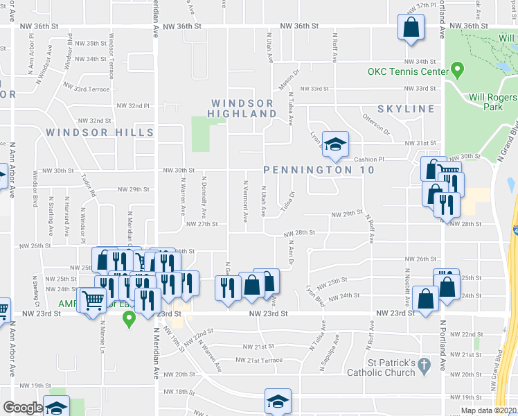 map of restaurants, bars, coffee shops, grocery stores, and more near 2933 North Utah Avenue in Oklahoma City