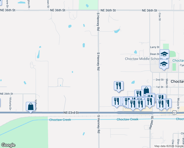 map of restaurants, bars, coffee shops, grocery stores, and more near 2951 Henney Road in Choctaw