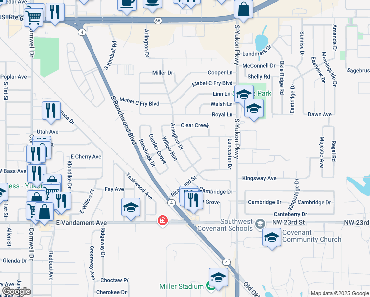 map of restaurants, bars, coffee shops, grocery stores, and more near 801 Arlington Drive in Yukon