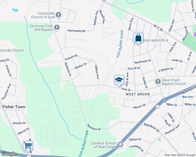 map of restaurants, bars, coffee shops, grocery stores, and more near Hilltop Avenue in Kannapolis
