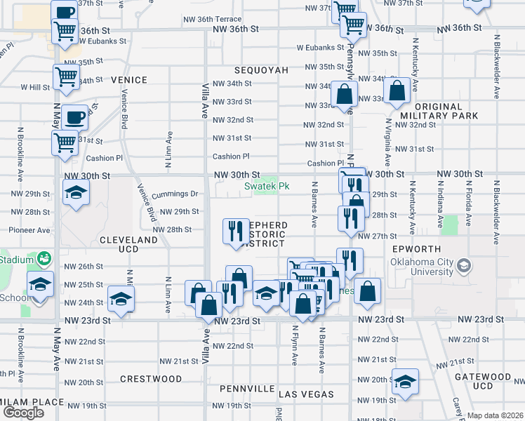 map of restaurants, bars, coffee shops, grocery stores, and more near 2304 Northwest 29th Street in Oklahoma City