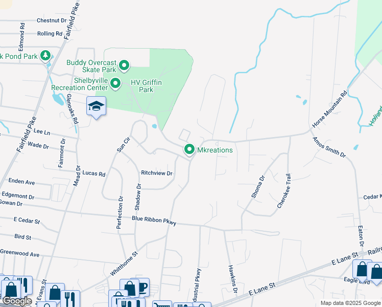 map of restaurants, bars, coffee shops, grocery stores, and more near 963 Horse Mountain Road in Shelbyville