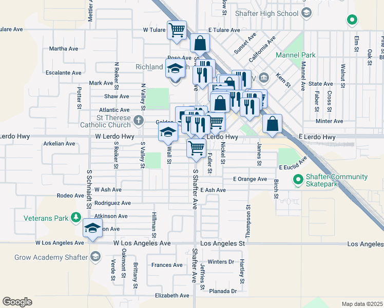 map of restaurants, bars, coffee shops, grocery stores, and more near 127 South Shafter Avenue in Shafter