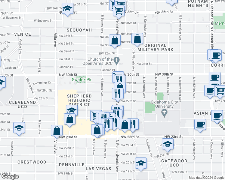 map of restaurants, bars, coffee shops, grocery stores, and more near 2113 Northwest 28th Street in Oklahoma City