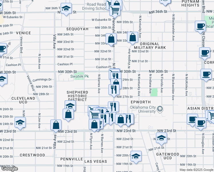 map of restaurants, bars, coffee shops, grocery stores, and more near 2100 Northwest 29th Street in Oklahoma City