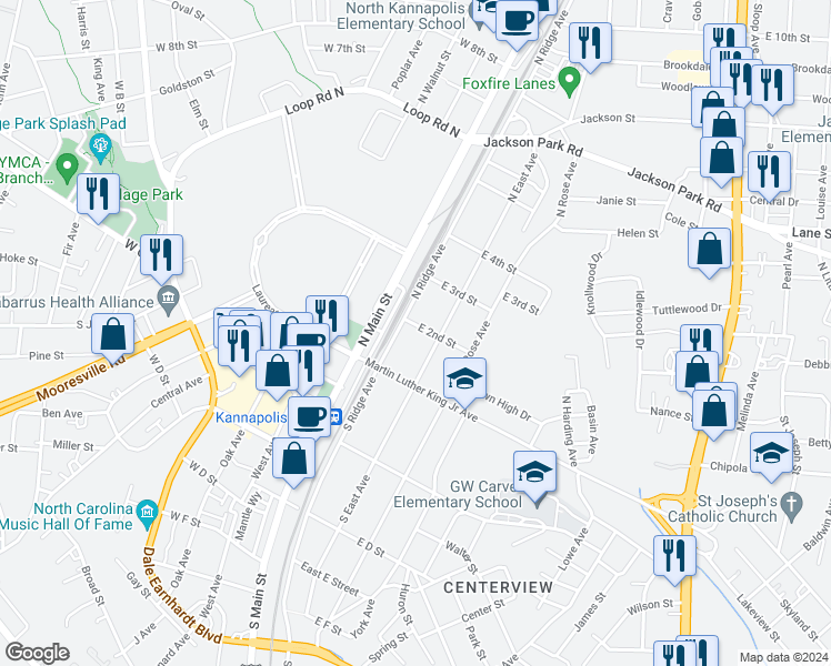 map of restaurants, bars, coffee shops, grocery stores, and more near 200 East 2nd Street in Kannapolis