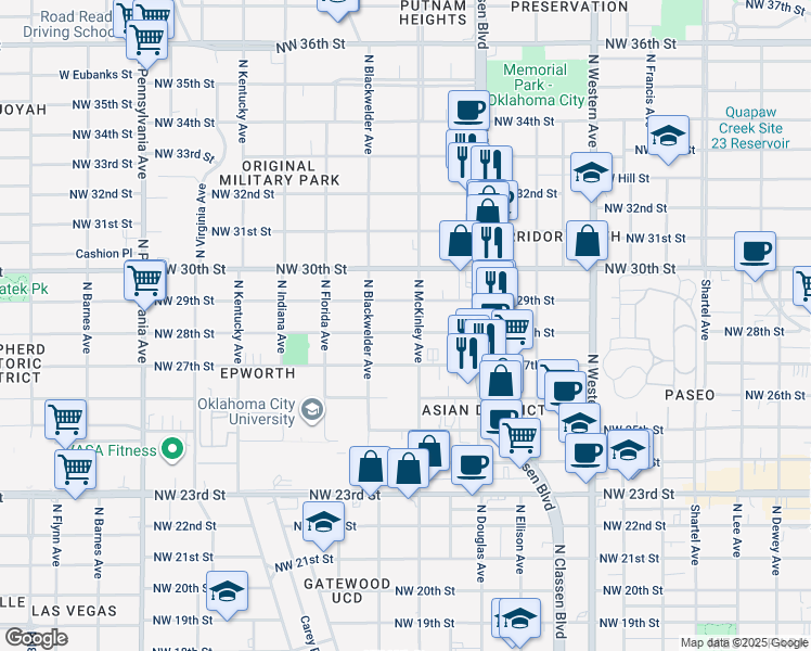 map of restaurants, bars, coffee shops, grocery stores, and more near 1512 Northwest 29th Street in Oklahoma City