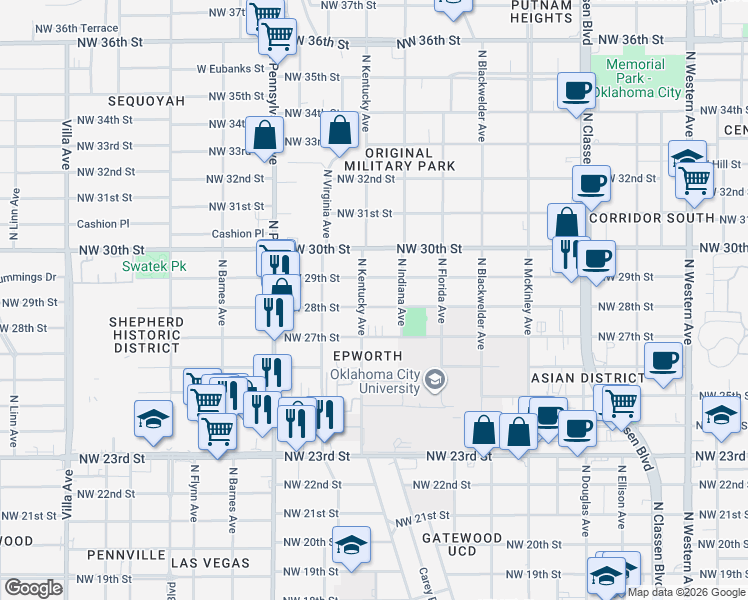map of restaurants, bars, coffee shops, grocery stores, and more near 1826 Northwest 29th Street in Oklahoma City