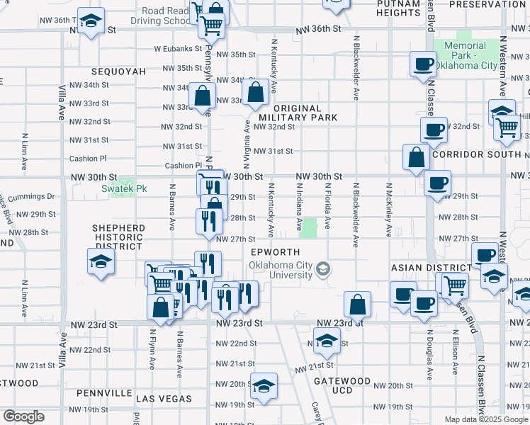 map of restaurants, bars, coffee shops, grocery stores, and more near 1920 Northwest 29th Street in Oklahoma City