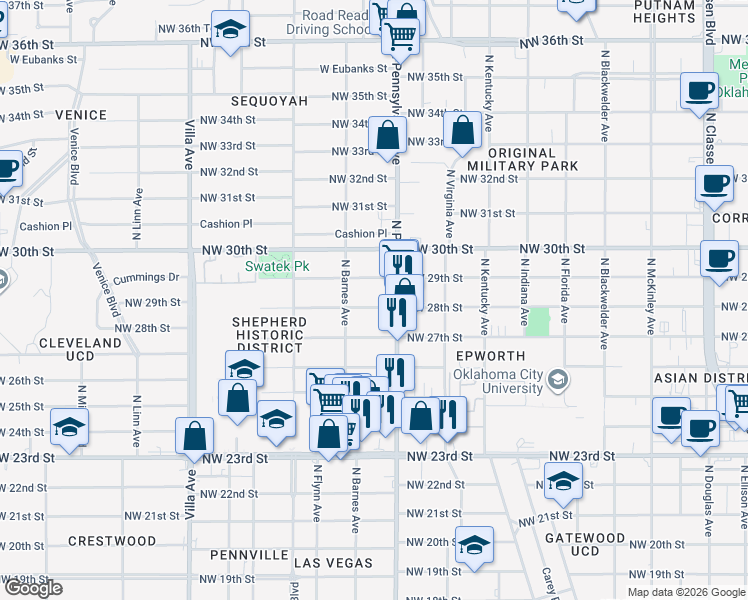 map of restaurants, bars, coffee shops, grocery stores, and more near 2100 Northwest 29th Street in Oklahoma City