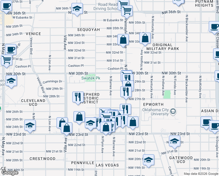 map of restaurants, bars, coffee shops, grocery stores, and more near 2140 Northwest 29th Street in Oklahoma City