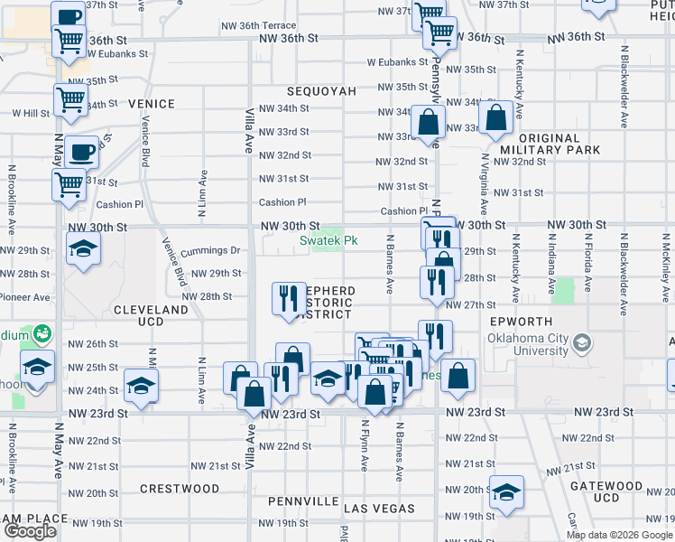 map of restaurants, bars, coffee shops, grocery stores, and more near 2304 Northwest 29th Street in Oklahoma City