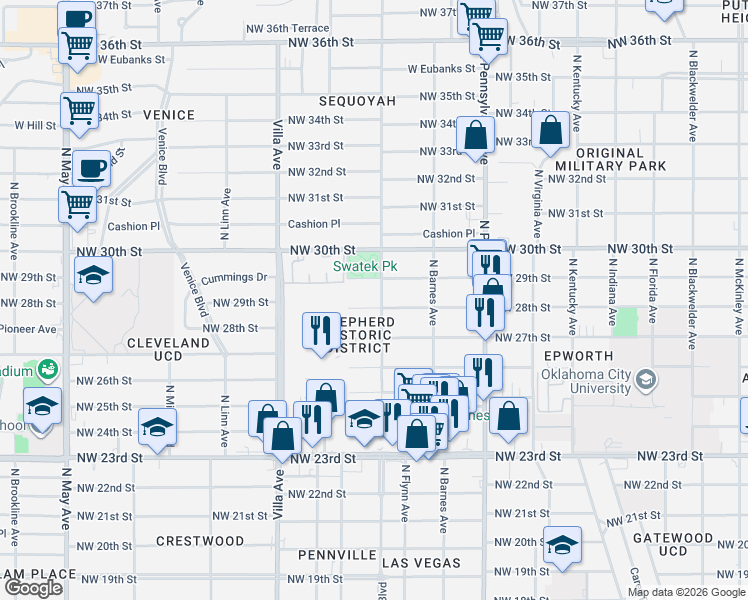 map of restaurants, bars, coffee shops, grocery stores, and more near 2304 Northwest 29th Street in Oklahoma City