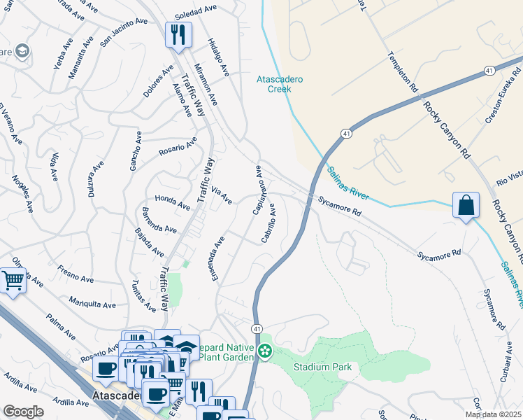 map of restaurants, bars, coffee shops, grocery stores, and more near 5225 Capistrano Avenue in Atascadero