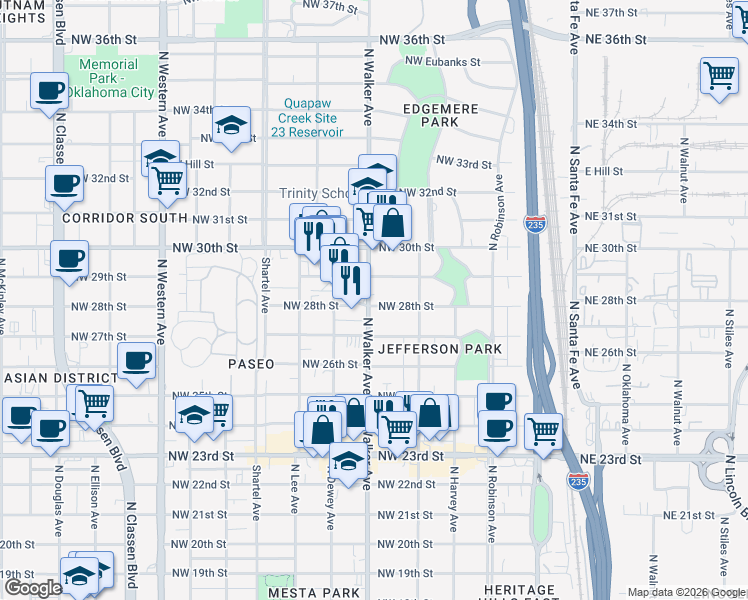 map of restaurants, bars, coffee shops, grocery stores, and more near 2918 North Walker Avenue in Oklahoma City