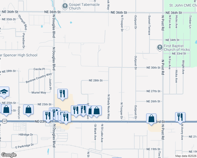 map of restaurants, bars, coffee shops, grocery stores, and more near 9425 Northeast 28th Street in Oklahoma City