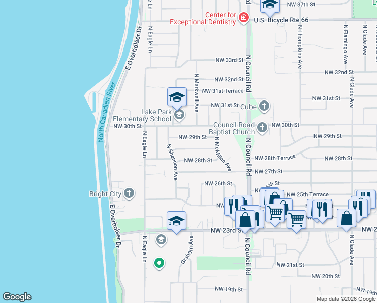 map of restaurants, bars, coffee shops, grocery stores, and more near 8208 Northwest 28th Terrace in Bethany